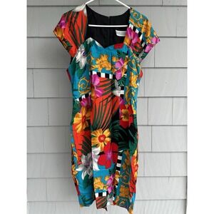 Vintage Jessica Howard Dress 80s 90s Tropical Floral Gold Baroque Style Sz M